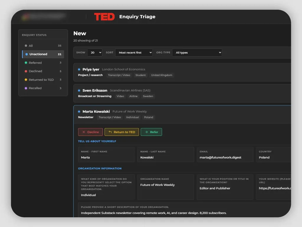 TED Enquiry Triage portal