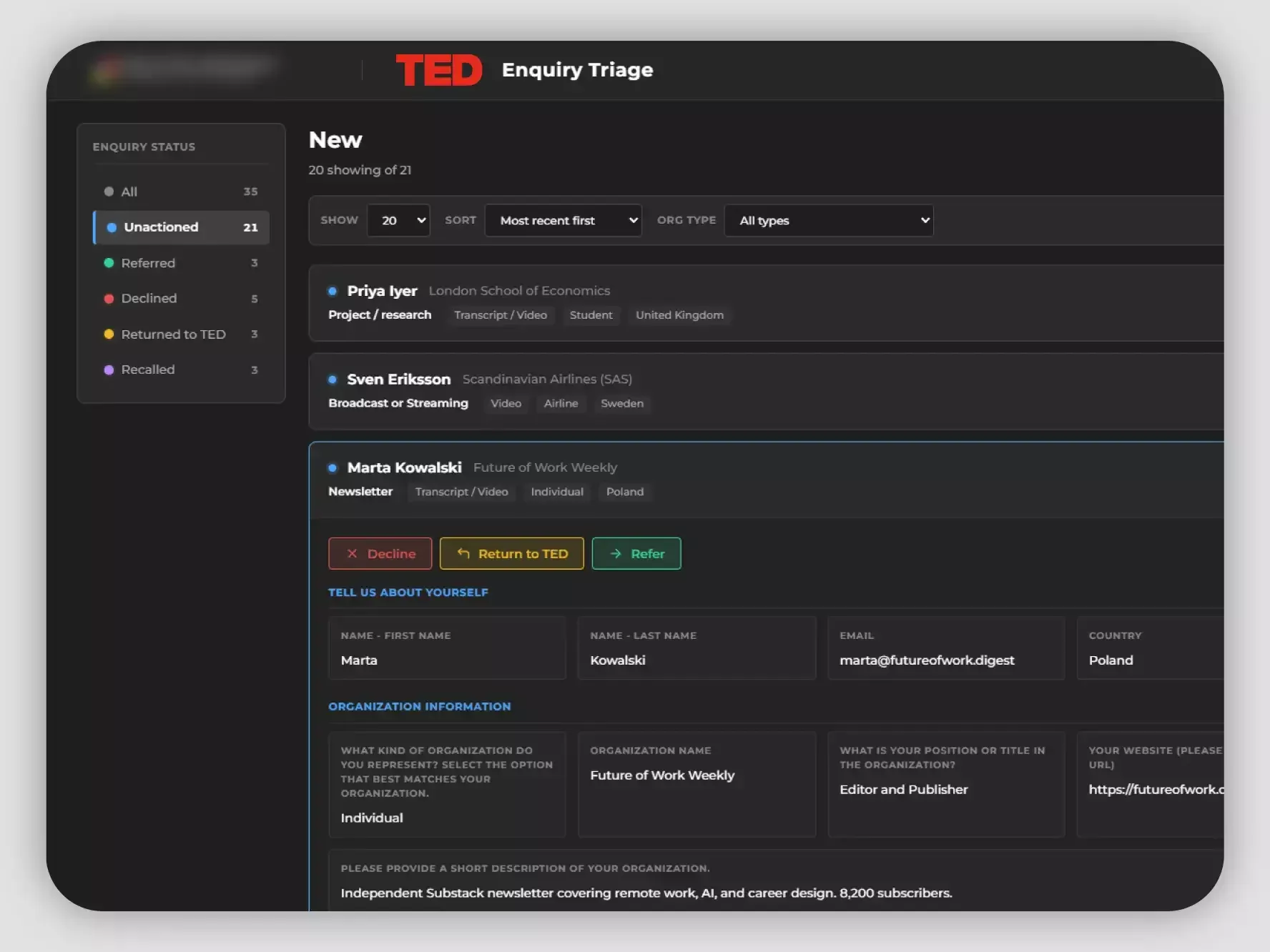 TED Enquiry Triage
